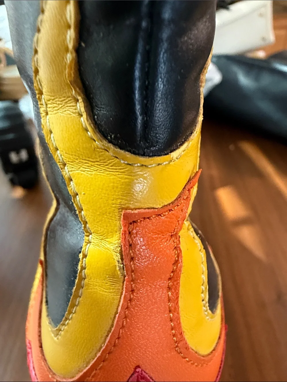 Dolls Kill Black Platform Ankle Boots with Red & Yellow Flame Appliqués